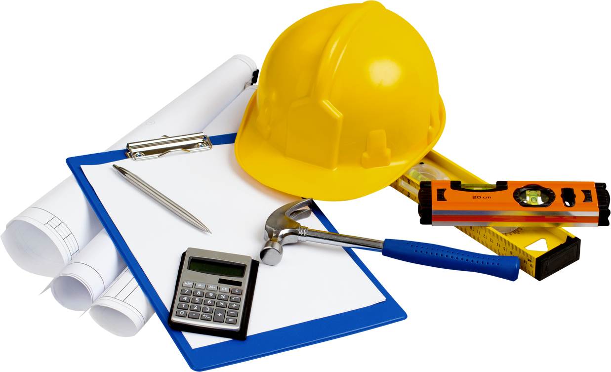 Construction Plans, Safety Helmet, Levels, Hammer, Pen, Calculator And Notepad - Isolated
